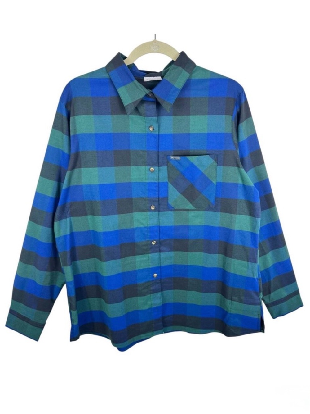 Columbia Green Blue Striped Long Sleeve Collared Flannel Button Up Shirt Mens XL